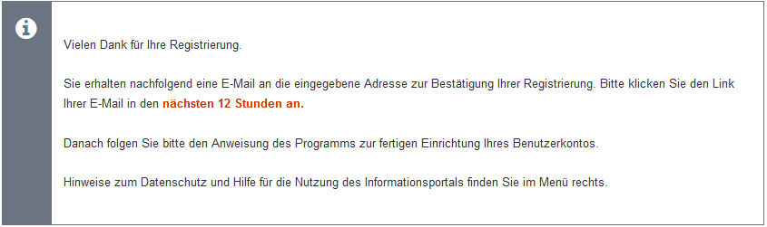 Bild zeigt die Bestätigungsseite nach der Registrierung. Bild: Bestätigungsseite Registrierung