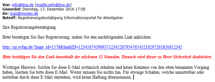 Bild zeigt beispielhaft eine Mail zur Bestätigung der Registrierung. Bild: Bestätigungs-E-Mail