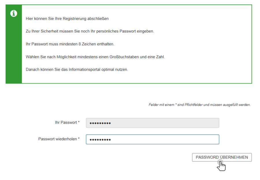 Bild zeigt Formularseite zur Passwortvergabe. Bild: Registrierung abschließen
